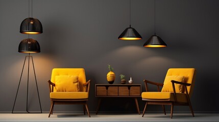 design living room interior. Square wooden table with gold lamp that seems realistic. Armchair with black and yellow fabric. Lamps with gold hangings. on a wall shelf. simplified 3D illustration. 