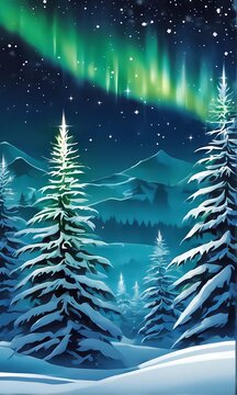Christmas and New Year holidays celebration. Traditional family winter time. Background and banner design with trees, mountains, and beautiful aurora.. 