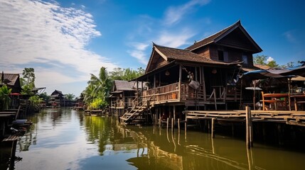Fototapeta na wymiar old wooden house build in Thai traditional style on the bank of the lake as a local market for tourism purpose.