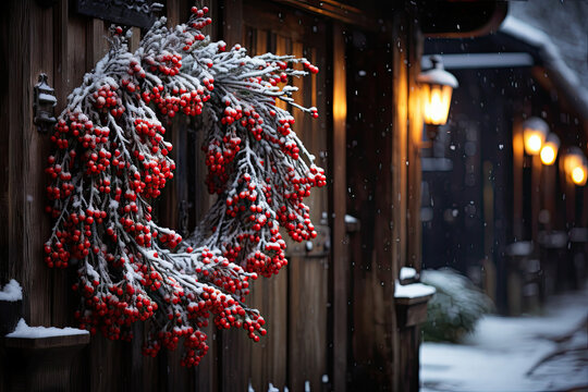 A Christmas Wreath Hanging On The Side Of A Building With Snow Falling Off It And Lights Shining In The Background