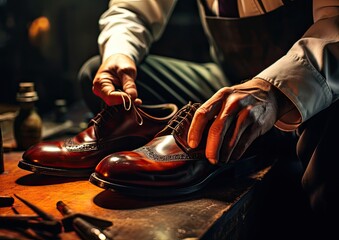 A high-angle shot of a cobbler's hands carefully applying dye to a leather shoe