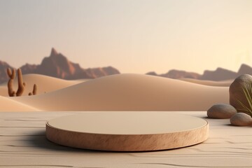 Podium with natural material On desert Background And Reflective Concrete With Empty Space For Text