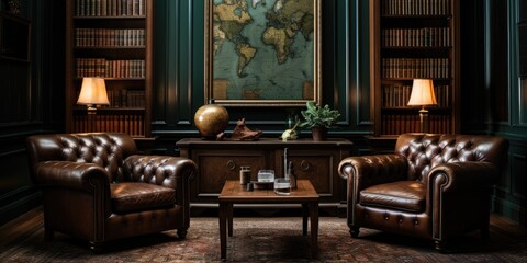 Fototapeta na wymiar a masculine den with leather armchairs, dark wood paneling, and a vintage bar cart. AI Generative