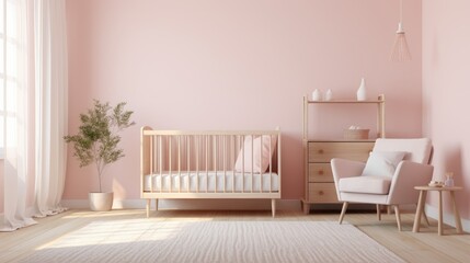 Simple, pink baby bedroom with cot and rug. Generative AI