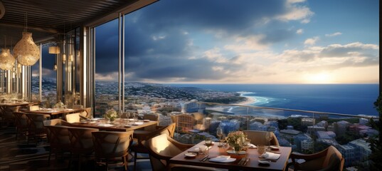 Panoramic hotel restaurant overlooking the ocean or cityscape. Generative AI