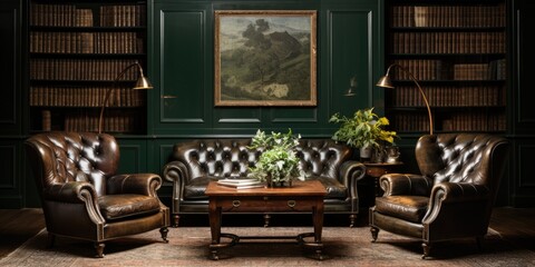 a masculine den with leather armchairs, dark wood paneling, and a vintage bar cart. AI Generative