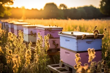 Fotobehang Bee boxes in the garden. Apiary in the Sun. Generative AI © kardaska