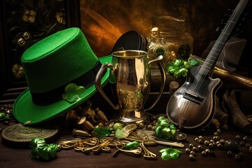 St. Patrick's Day celebration concept. Leprechaun hat, beer mug, shamrock and gold coins on wooden table, St. Patrick's Day composition with green beer, shamrock, leprechaun hat, AI Generated - obrazy, fototapety, plakaty