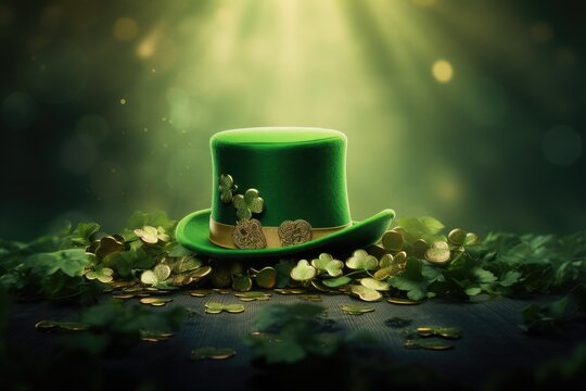 Green leprechaun hat with gold coins and clover leaves on dark background, St. Patrick's Day composition with green beer, shamrock, leprechaun hat, horseshoe and musical instruments, AI Generated
