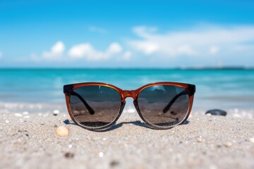 Fototapeta na wymiar Sunglasses on the beach, summer vacation concept. Selective focus, Sunglasses are on the legs on the beach, AI Generated