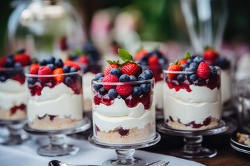 Dessert with fresh berries and whipped cream. Selective focus, Sweet tasty cakes with berries and cream on dessert table at wedding party, AI Generated