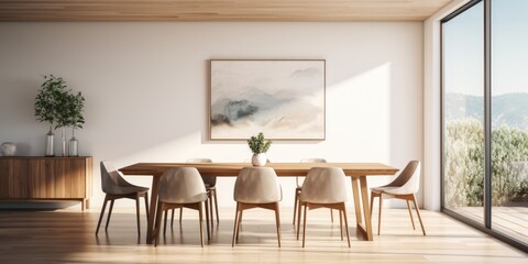 a minimalist dining room with a simple wooden table and modern chairs. AI Generative