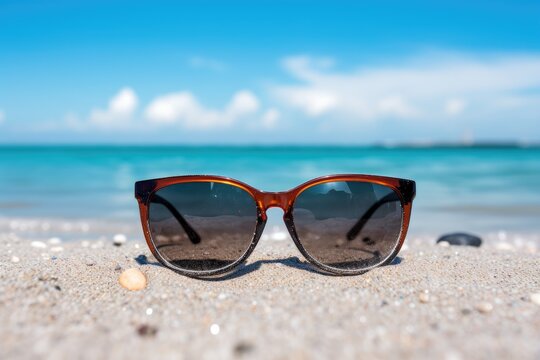 Sunglasses on the beach, summer vacation concept. Selective focus, Sunglasses are on the legs on the beach, AI Generated
