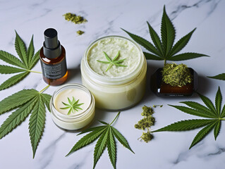 Obraz na płótnie Canvas Natural cosmetics hemp cream with marijuana leaves and seeds - current concept of cannabis oil. 