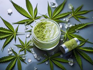 Natural cosmetics hemp cream with marijuana leaves and seeds - current concept of cannabis oil.  - obrazy, fototapety, plakaty