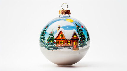  A transparent glass Christmas ball hanging on a branch of a Christmas treewith a picture of a snow-covered  cottage on it, isolated white background