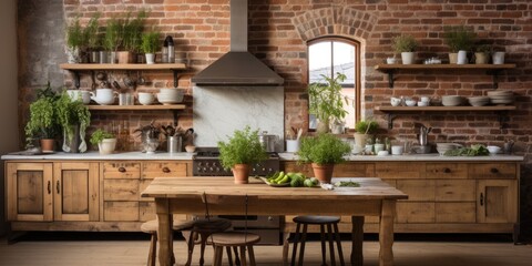 a rustic farmhouse kitchen with exposed brick walls, open shelves, and vintage appliances. AI Generative