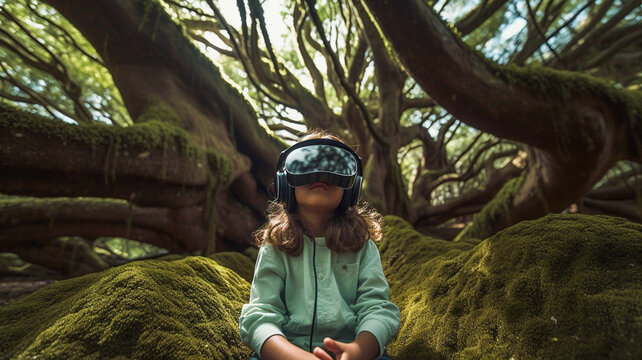 A little girl in a virtual reality headset in the elfin forest, close-up portrait, fantasy, imaginary world.