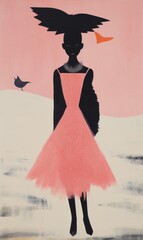 Silhouette of a black bird Woman in a pink vintage dress costume, pale muted colours, pink and black, modern art woman, surreal woman, moody art, surrealist