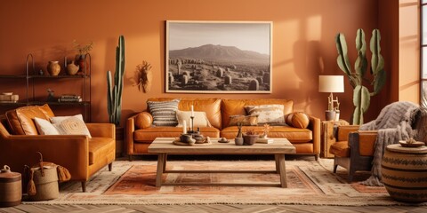 a Southwestern-inspired living room with a leather sofa, a Navajo rug, and a wood-burning fireplace. AI Generative