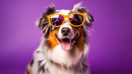 a dog australian shepherd wearing sunglasses on purple background