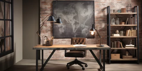 Foto op Canvas a industrial-style home office with a reclaimed wood desk, a metal bookshelf, and an exposed brick wall. AI Generative © Horsi