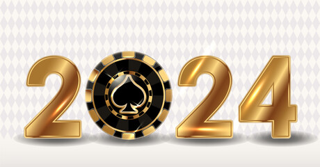 Happy 2024 new year with casino xmas poker spades chip. vector illustration