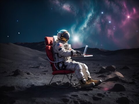 Astronaut sitting on the moon on a chair with a laptop