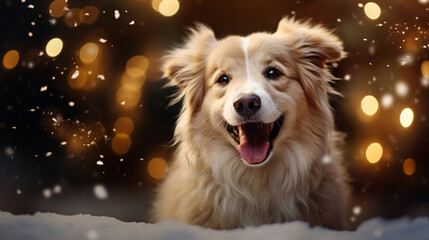 Happy dog for Christmas with bokeh background