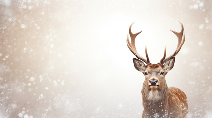 Close up Reindeer in winter forest wear Christmas scarves decoration blank for text background