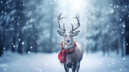 Reindeer in winter forest wear Christmas scarves decoration background