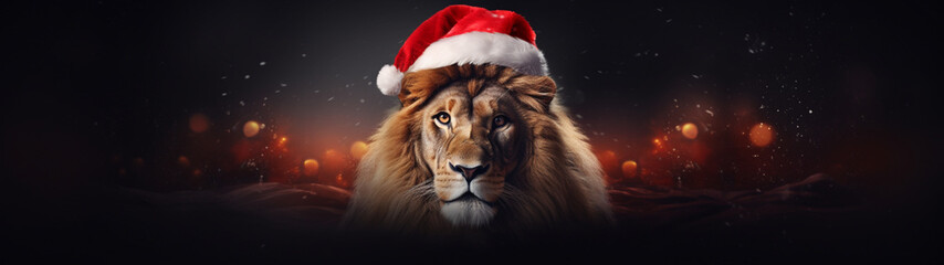 Banner with lion in santa claus hat. New year wallpaper, background. Festive postcard. Generative AI - obrazy, fototapety, plakaty