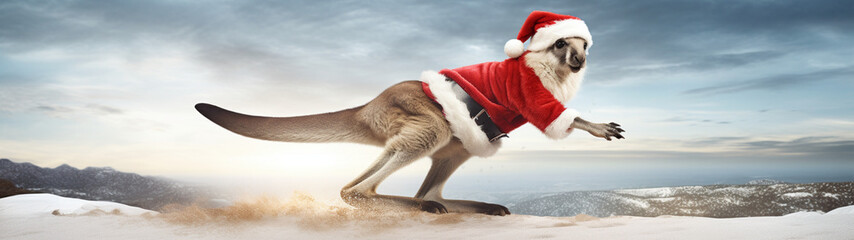 Banner with kangaroo in santa claus hat. New year wallpaper, background. Festive postcard. Generative AI