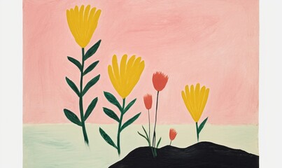 Modern Painting Figurative Landscape, Giant Flowers, Women in a Landscape, Surrealism, Unusual Art, Pink and Yellow Gouache and Acrylic and Oil Paint, Mixed Media Artwork, simple minimalist botanical 