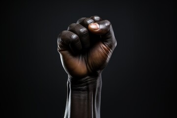 Fototapeta na wymiar Close up of a black male hand clenched into a fist on a dark background, Ai Generated