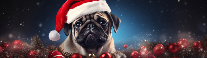 Banner with cute pug in santa claus hat. New year wallpaper, background. Festive postcard with copy space. Generative AI - obrazy, fototapety, plakaty