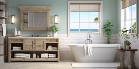 Fototapeta na wymiar Design a beach-inspired bathroom with white subway tiles, sea glass accents, and a driftwood vanity. AI Generative