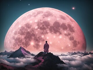 A lone figure gazes at a massive pink moon, surrounded by smaller celestial bodies, atop a cloud-covered peak.