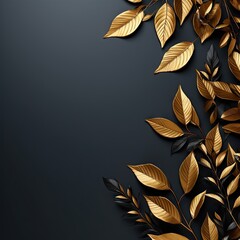 Golden and black tropical leaves. Black background.