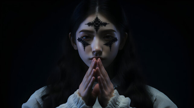 A young Asian goth woman with numerous black cross symbols adorning her face in an occult style.