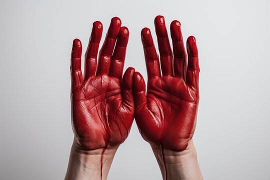 Close up of human hands covered with red paint showing stop gesture on grey background, Ai Generated