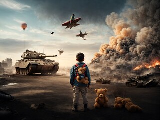 A young boy with a teddy bear on his back stands amidst a tanks and a flying jet with destroyed city in background - obrazy, fototapety, plakaty