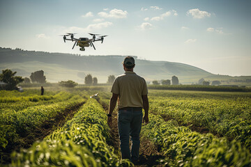 a man standing in a field looking at a drone flying overhead above him and the sky is blue with white clouds