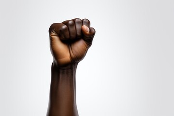 Fototapeta premium African American male fist raised in the air on a white background, Ai Generated