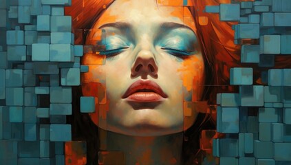 Cascade of Colors. Ethereal Woman amidst Geometric Blocks