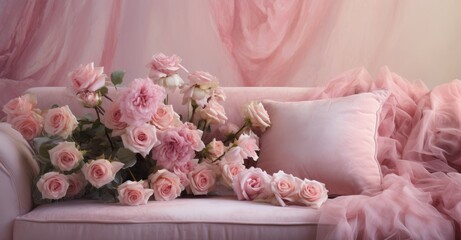 Elegant Pink Roses on Vintage Sofa