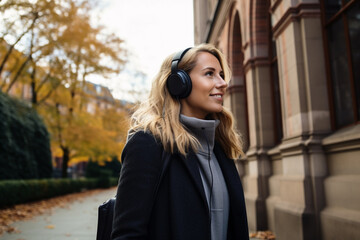 Fototapeta premium Lifestyle, hobbies and leisure, technology concept. Beautiful woman with headphones walking in park during autumn and listening music. Sunny fall day