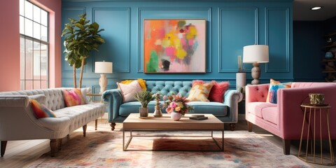 Design a colorful and eclectic living room with a mix of patterns and textures. AI Generative - obrazy, fototapety, plakaty