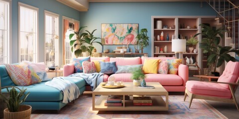 Design a colorful and eclectic living room with a mix of patterns and textures. AI Generative