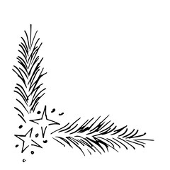 Simple black outline vector illustration, hand drawn. Coniferous branches and stars, corner. Christmas winter decor. Ink sketch.